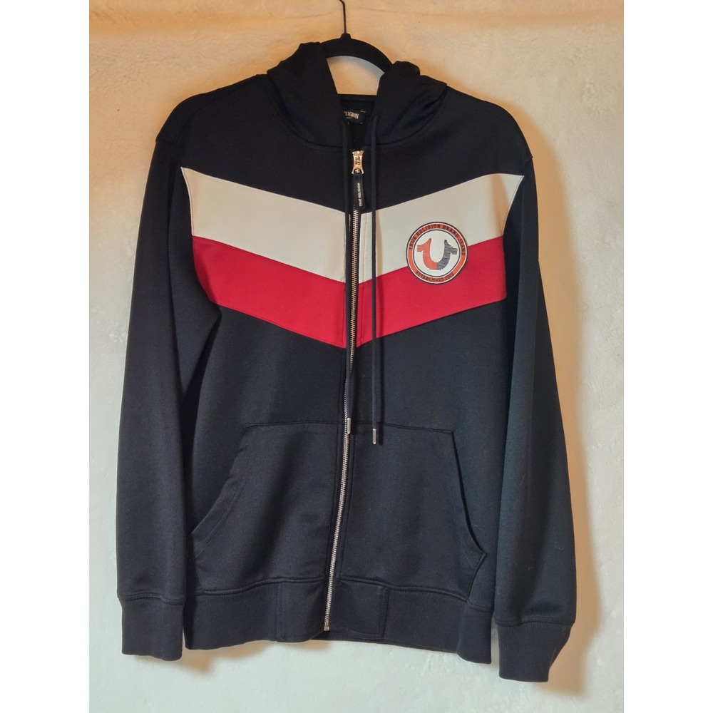 True Religion Mens Small‎ Full Zip Sweatshirt/Jacket Black/Red Logo Patch